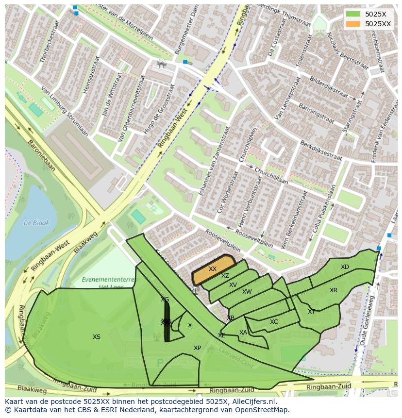 Afbeelding van het postcodegebied 5025 XX op de kaart.