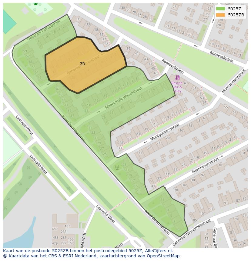 Afbeelding van het postcodegebied 5025 ZB op de kaart.