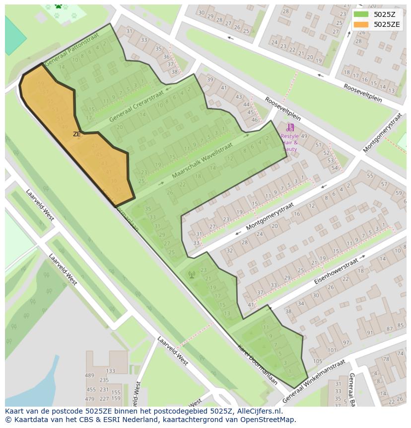 Afbeelding van het postcodegebied 5025 ZE op de kaart.