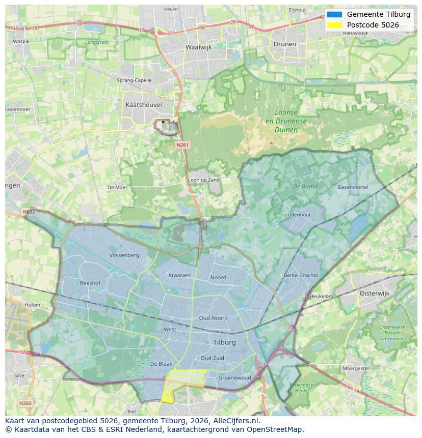 Afbeelding van het postcodegebied 5026 op de kaart.