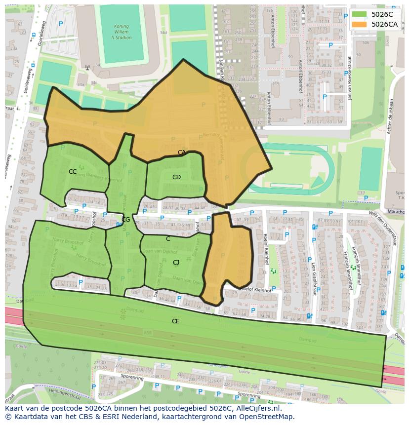 Afbeelding van het postcodegebied 5026 CA op de kaart.