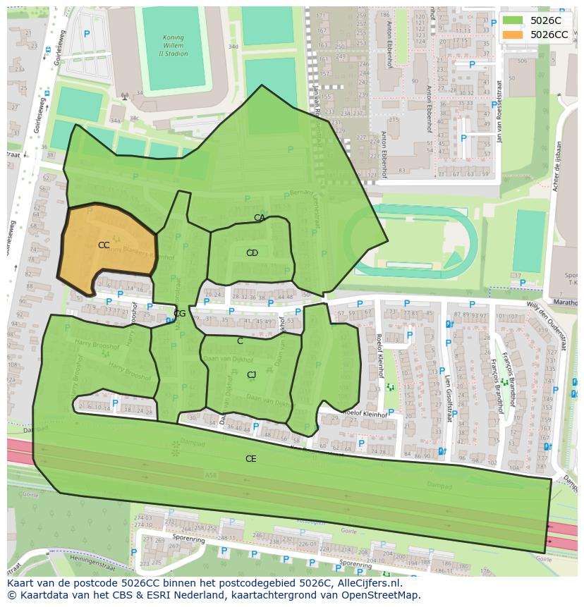Afbeelding van het postcodegebied 5026 CC op de kaart.