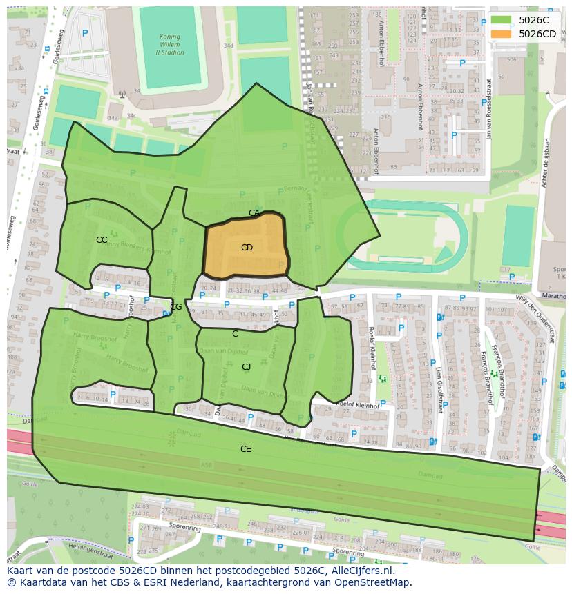 Afbeelding van het postcodegebied 5026 CD op de kaart.