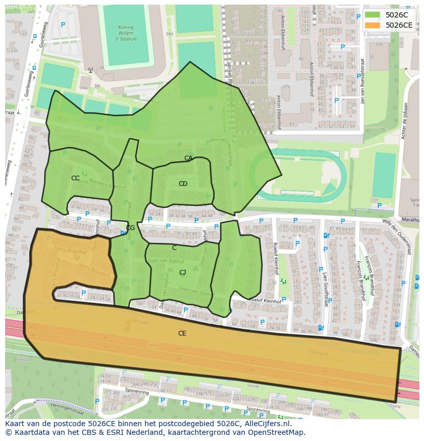Afbeelding van het postcodegebied 5026 CE op de kaart.