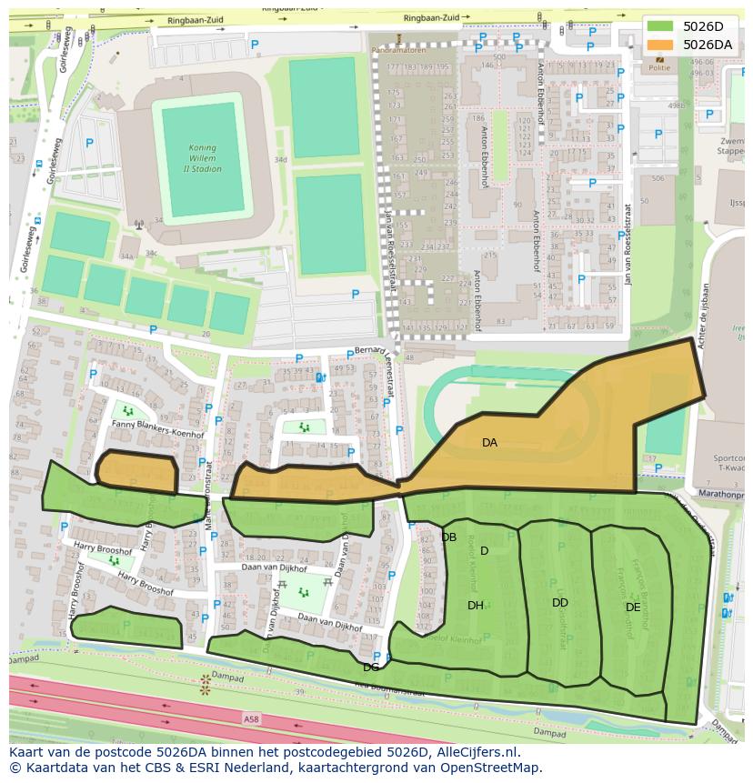 Afbeelding van het postcodegebied 5026 DA op de kaart.