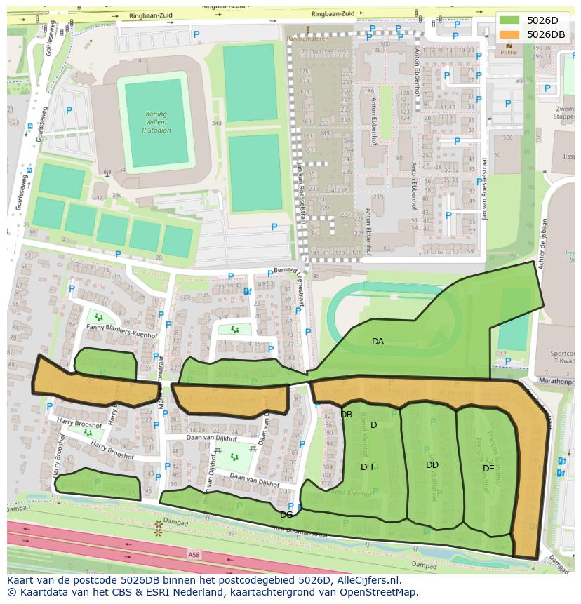 Afbeelding van het postcodegebied 5026 DB op de kaart.