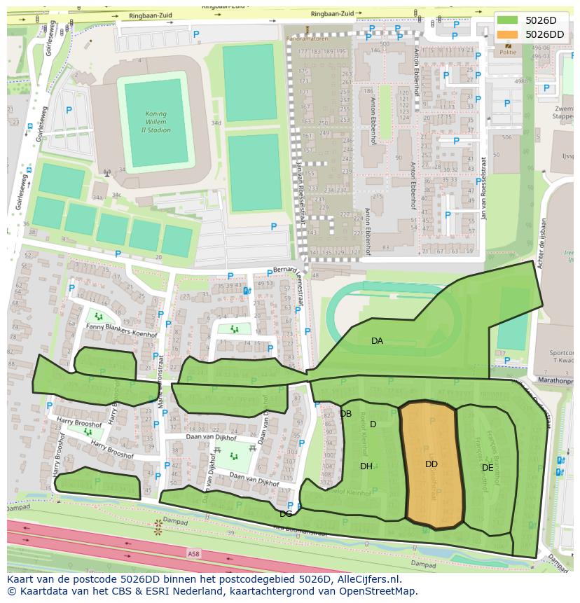 Afbeelding van het postcodegebied 5026 DD op de kaart.