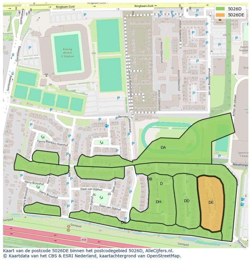 Afbeelding van het postcodegebied 5026 DE op de kaart.