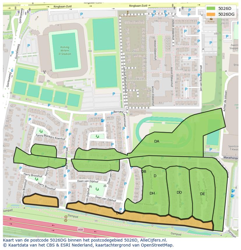 Afbeelding van het postcodegebied 5026 DG op de kaart.