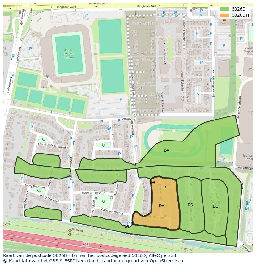 Afbeelding van het postcodegebied 5026 DH op de kaart.