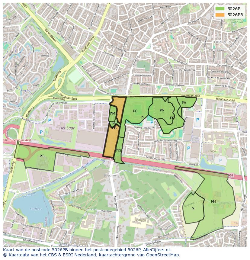 Afbeelding van het postcodegebied 5026 PB op de kaart.