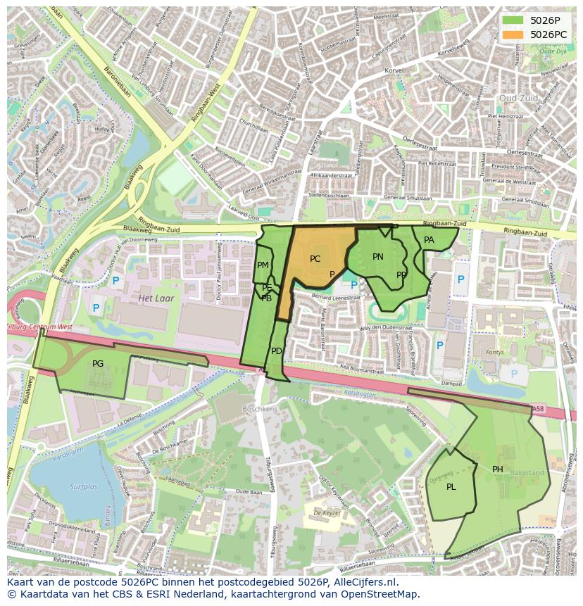 Afbeelding van het postcodegebied 5026 PC op de kaart.