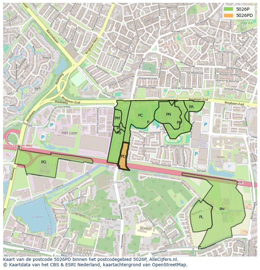 Afbeelding van het postcodegebied 5026 PD op de kaart.