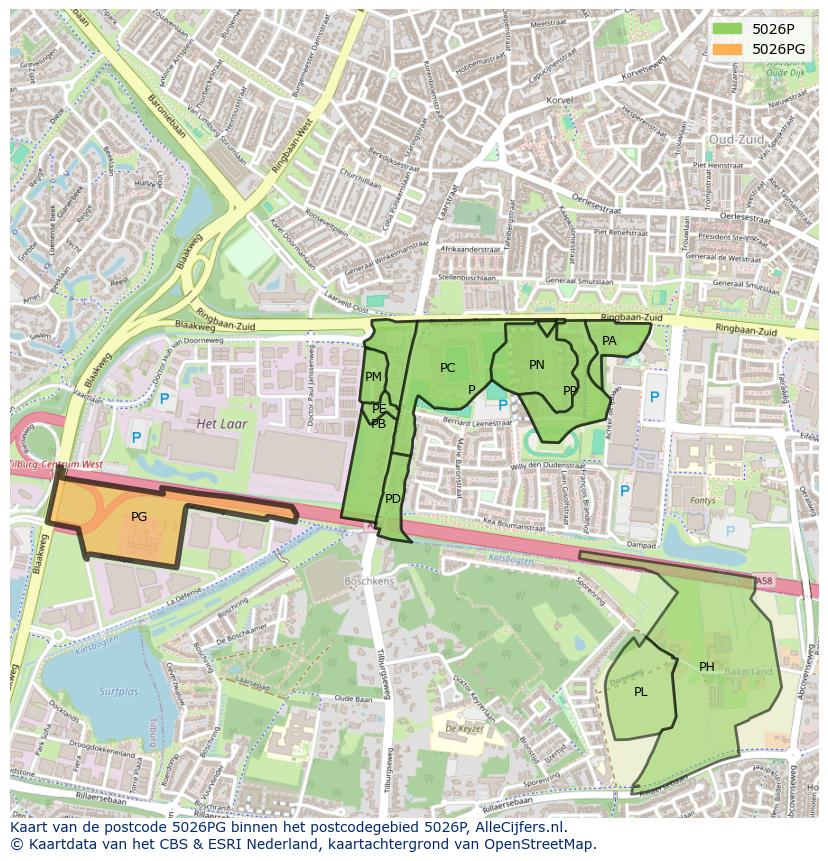Afbeelding van het postcodegebied 5026 PG op de kaart.