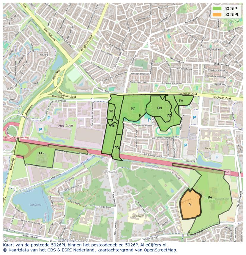 Afbeelding van het postcodegebied 5026 PL op de kaart.