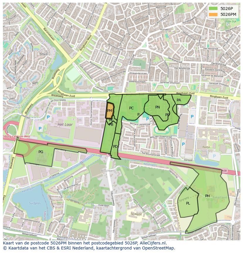 Afbeelding van het postcodegebied 5026 PM op de kaart.