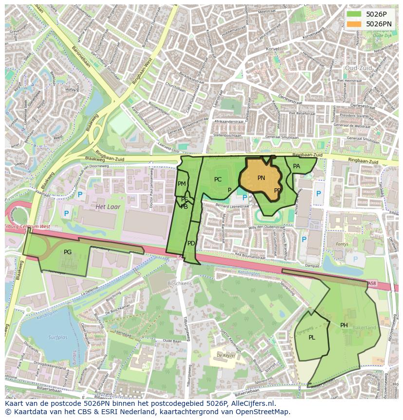 Afbeelding van het postcodegebied 5026 PN op de kaart.