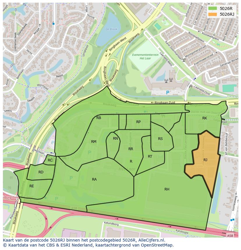 Afbeelding van het postcodegebied 5026 RJ op de kaart.