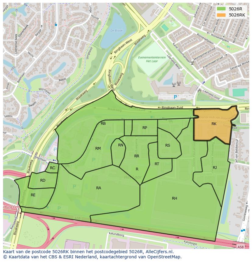 Afbeelding van het postcodegebied 5026 RK op de kaart.
