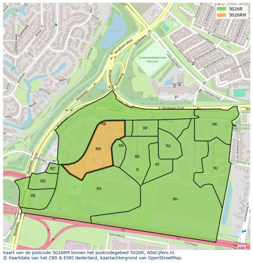 Afbeelding van het postcodegebied 5026 RM op de kaart.