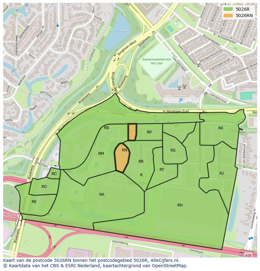 Afbeelding van het postcodegebied 5026 RN op de kaart.