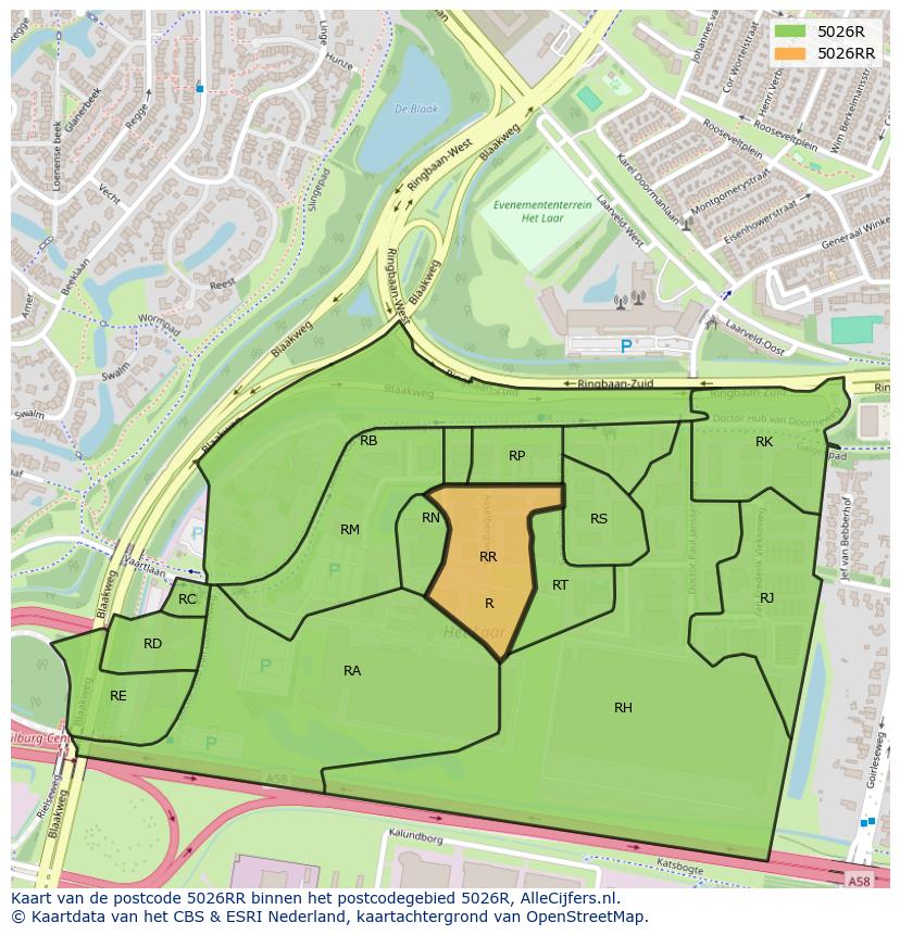 Afbeelding van het postcodegebied 5026 RR op de kaart.