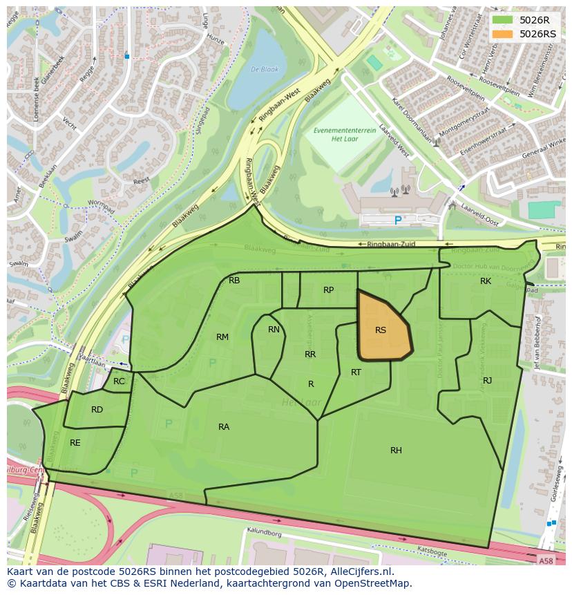 Afbeelding van het postcodegebied 5026 RS op de kaart.