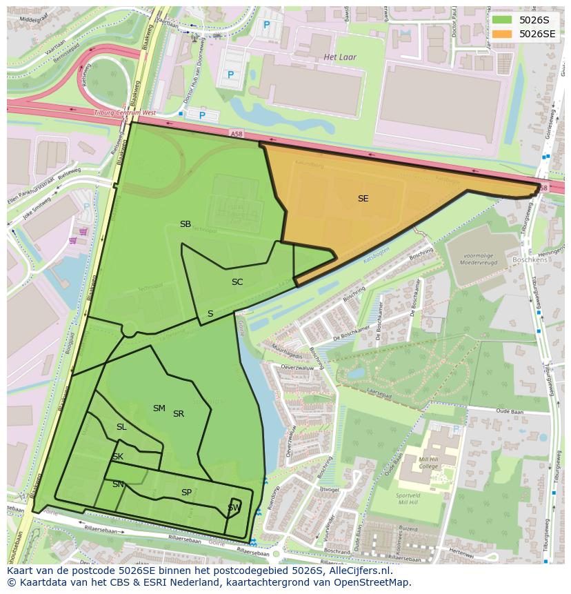 Afbeelding van het postcodegebied 5026 SE op de kaart.