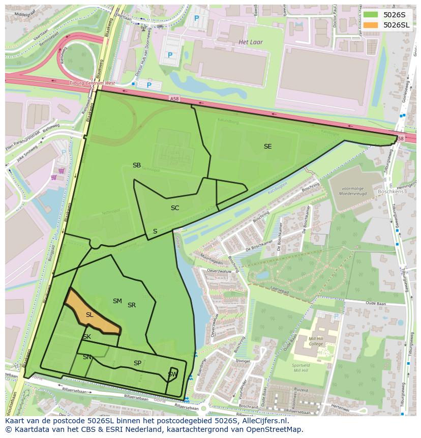 Afbeelding van het postcodegebied 5026 SL op de kaart.