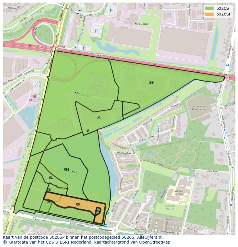 Afbeelding van het postcodegebied 5026 SP op de kaart.