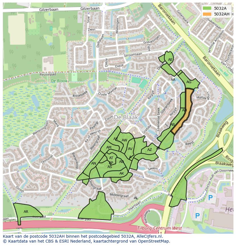 Afbeelding van het postcodegebied 5032 AH op de kaart.