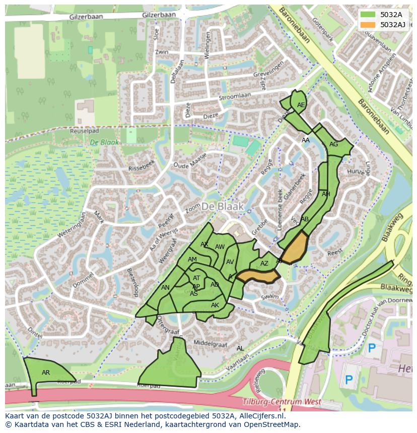 Afbeelding van het postcodegebied 5032 AJ op de kaart.