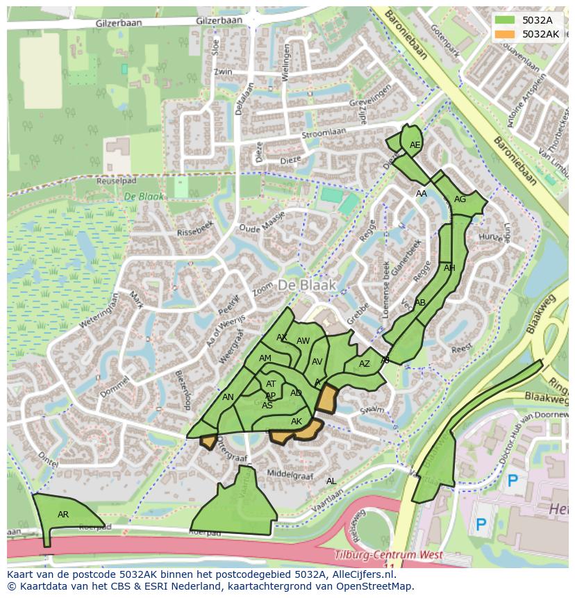 Afbeelding van het postcodegebied 5032 AK op de kaart.