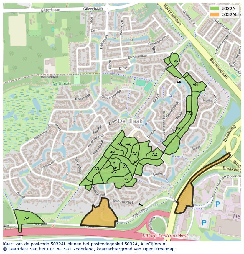 Afbeelding van het postcodegebied 5032 AL op de kaart.