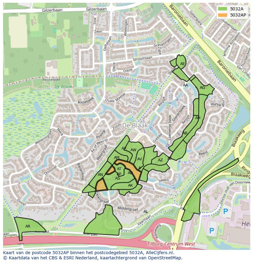 Afbeelding van het postcodegebied 5032 AP op de kaart.