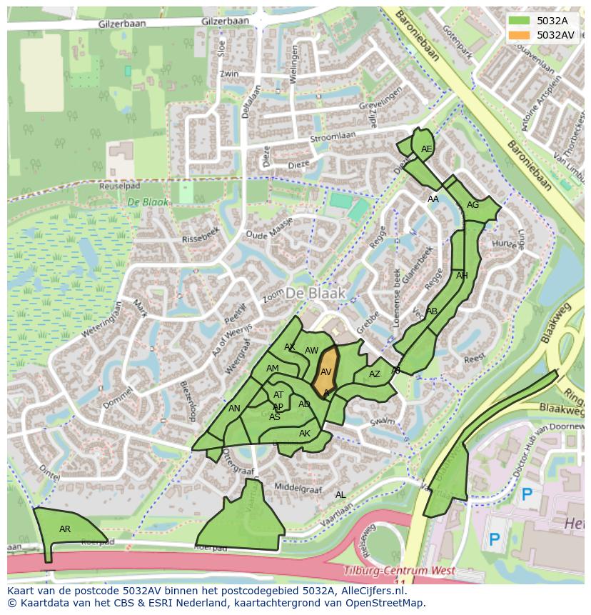 Afbeelding van het postcodegebied 5032 AV op de kaart.