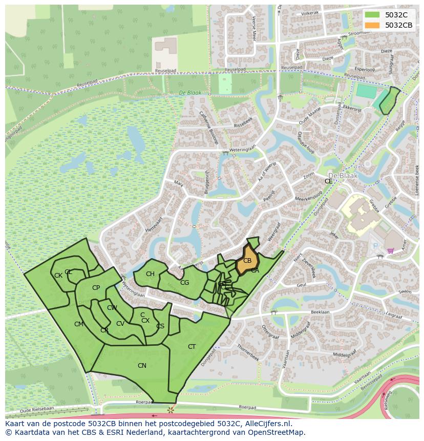 Afbeelding van het postcodegebied 5032 CB op de kaart.