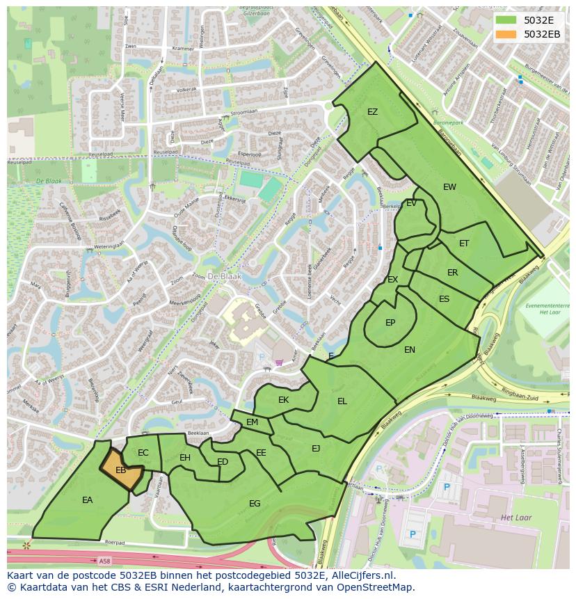 Afbeelding van het postcodegebied 5032 EB op de kaart.