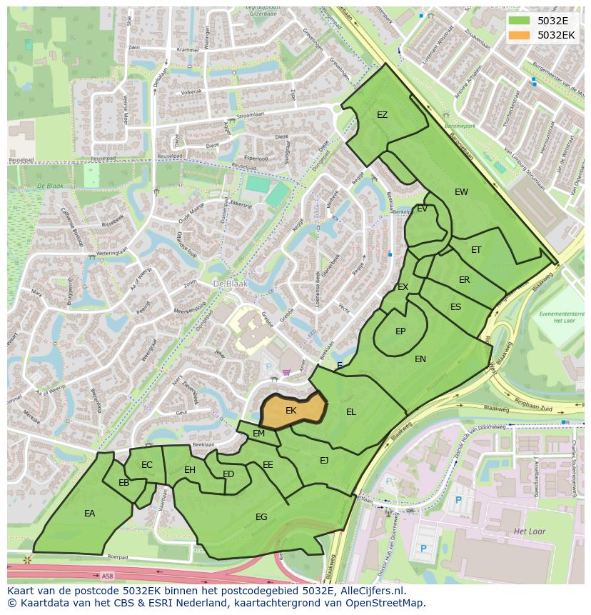 Afbeelding van het postcodegebied 5032 EK op de kaart.