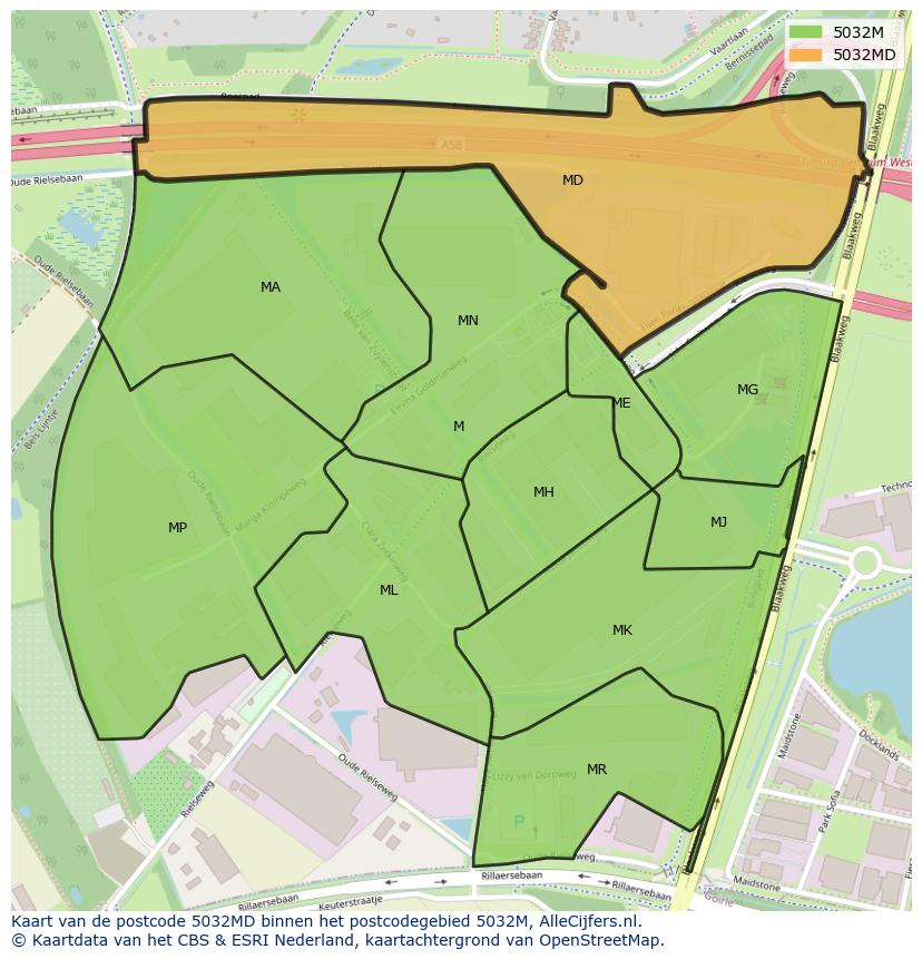 Afbeelding van het postcodegebied 5032 MD op de kaart.