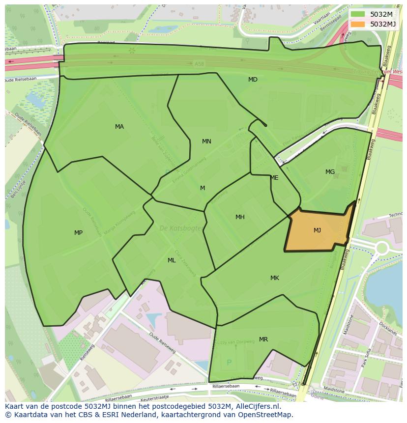 Afbeelding van het postcodegebied 5032 MJ op de kaart.
