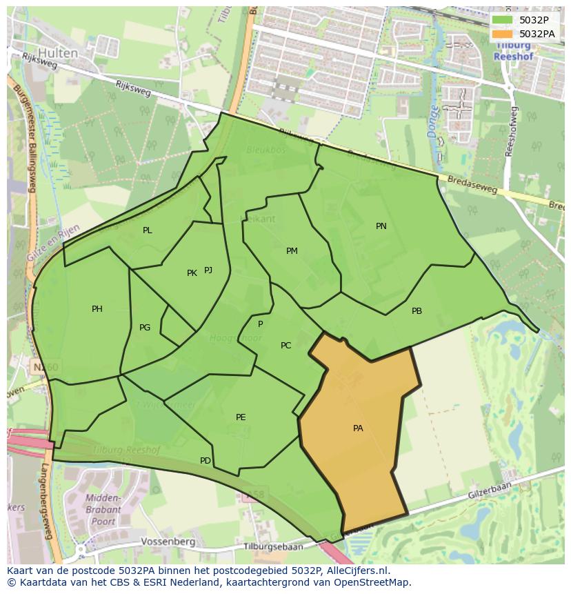 Afbeelding van het postcodegebied 5032 PA op de kaart.