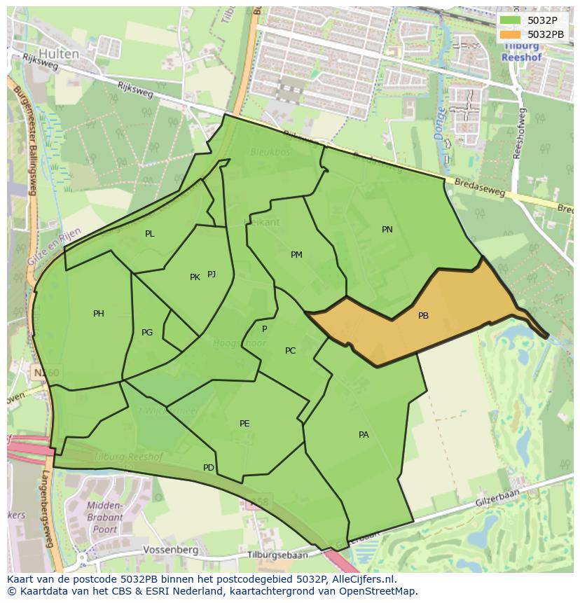 Afbeelding van het postcodegebied 5032 PB op de kaart.