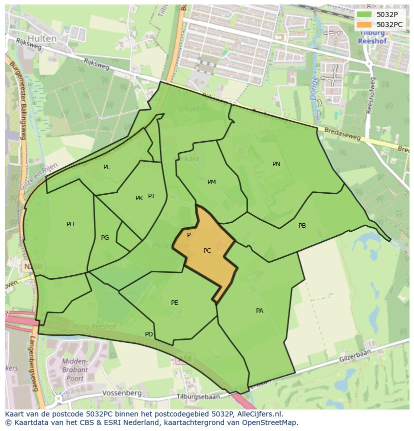 Afbeelding van het postcodegebied 5032 PC op de kaart.