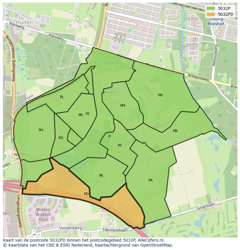 Afbeelding van het postcodegebied 5032 PD op de kaart.