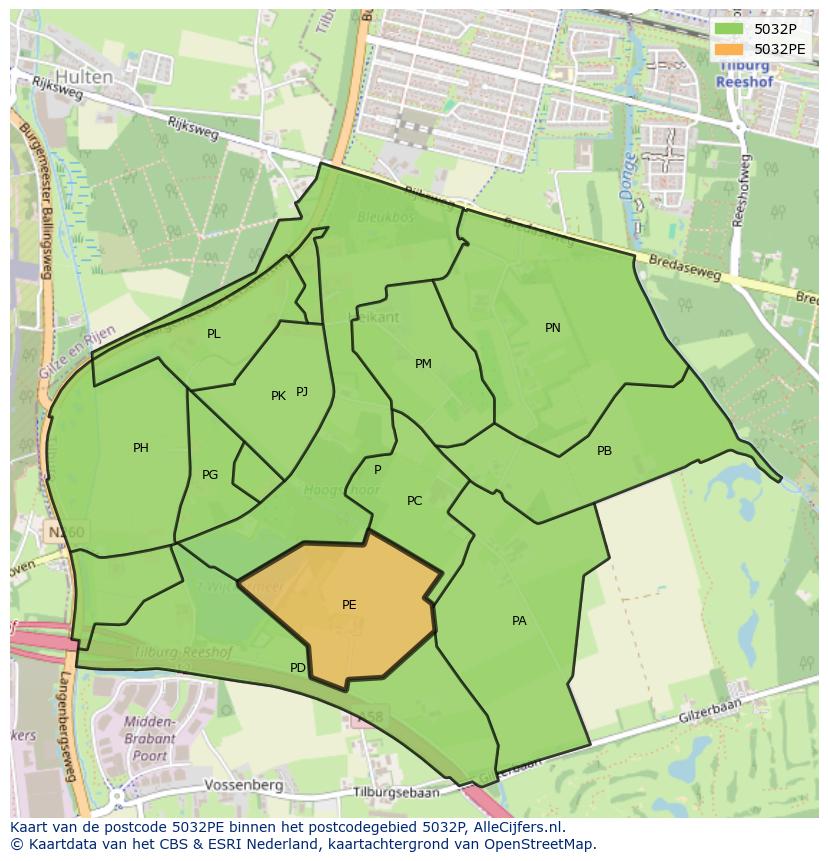 Afbeelding van het postcodegebied 5032 PE op de kaart.