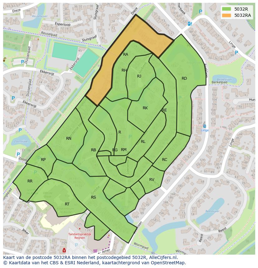 Afbeelding van het postcodegebied 5032 RA op de kaart.