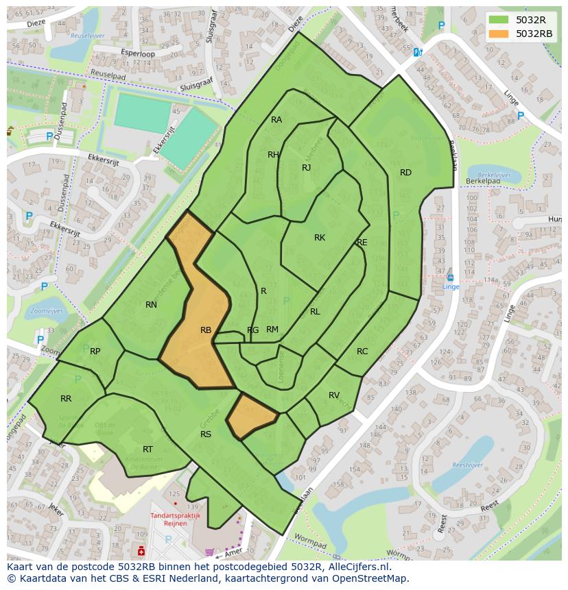 Afbeelding van het postcodegebied 5032 RB op de kaart.