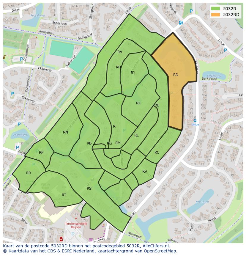 Afbeelding van het postcodegebied 5032 RD op de kaart.