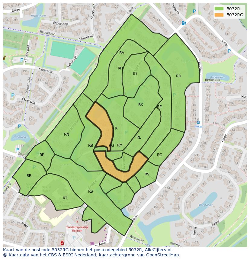 Afbeelding van het postcodegebied 5032 RG op de kaart.